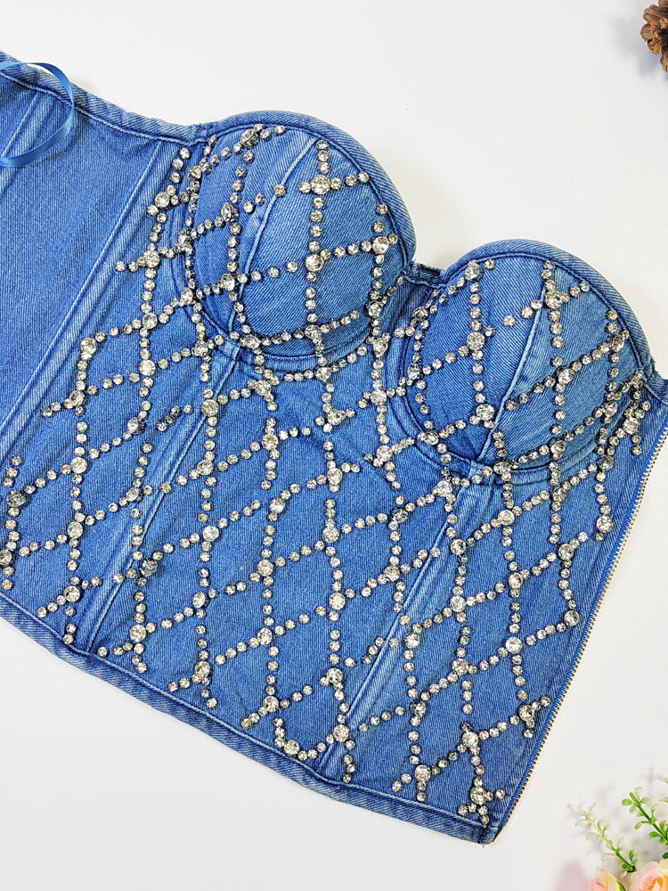 Rhinestone Denim Bustier Top Navy / S