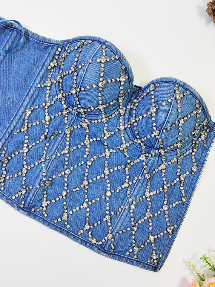 Rhinestone Denim Bustier Top Navy / S