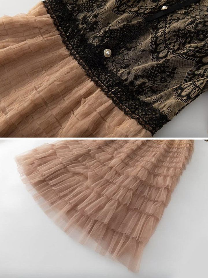 Lace Ruffle Tulle Dress Apricot / XL