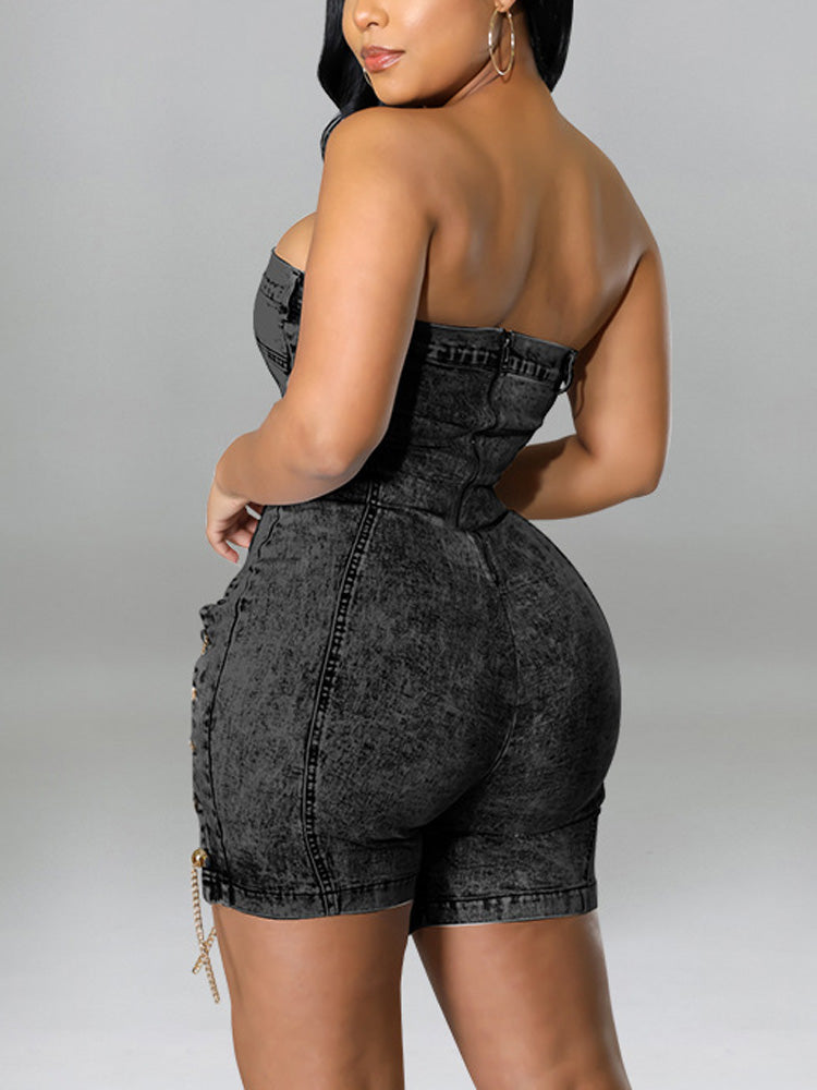 Strapless Denim Lace-up Romper Black / S