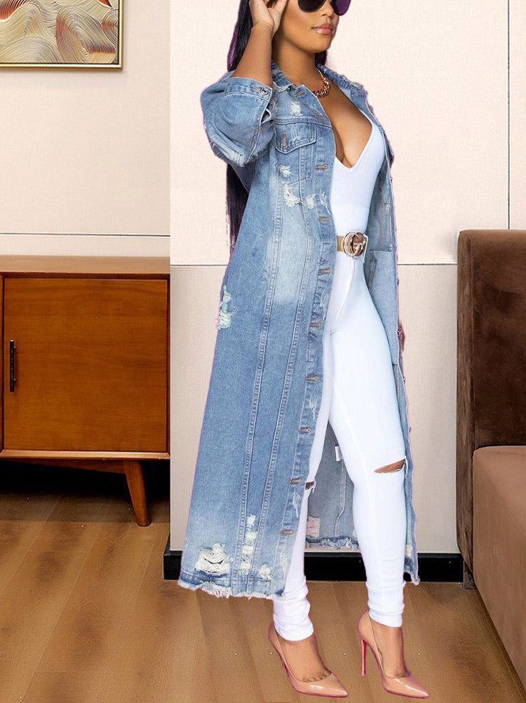 Casual Ripped Denim Jacket Coat Blue / M