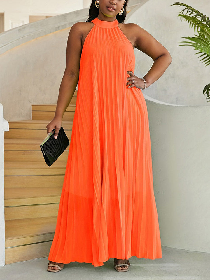 Halter Chiffon Pleated Dress Orange / 5XL