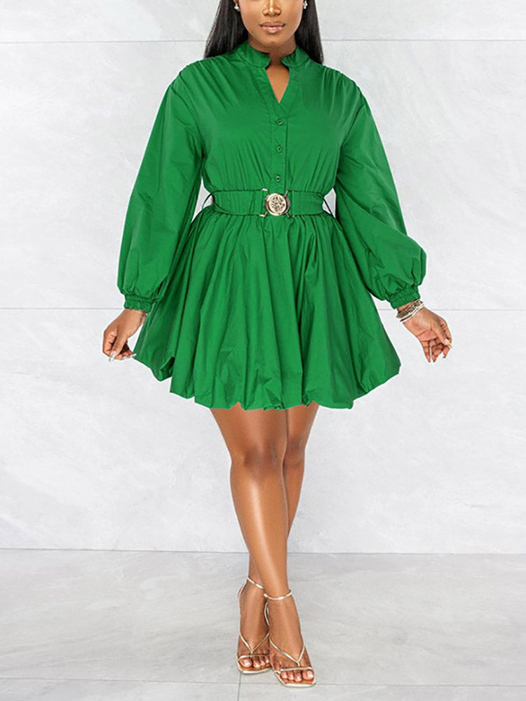 Belted Puffy Sleeve Solid Dress Green / XL
