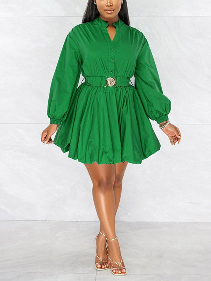 Belted Puffy Sleeve Solid Dress Green / XL