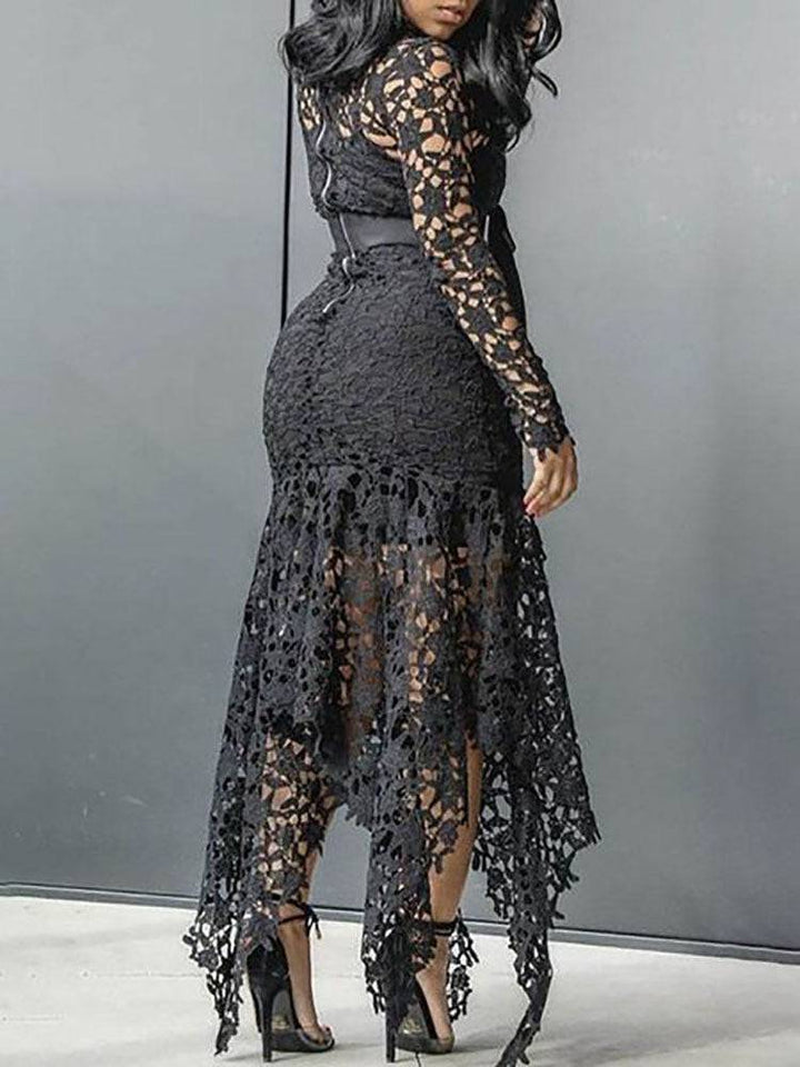 Lace O Neck Irregular Maxi Dress Green / 5XL