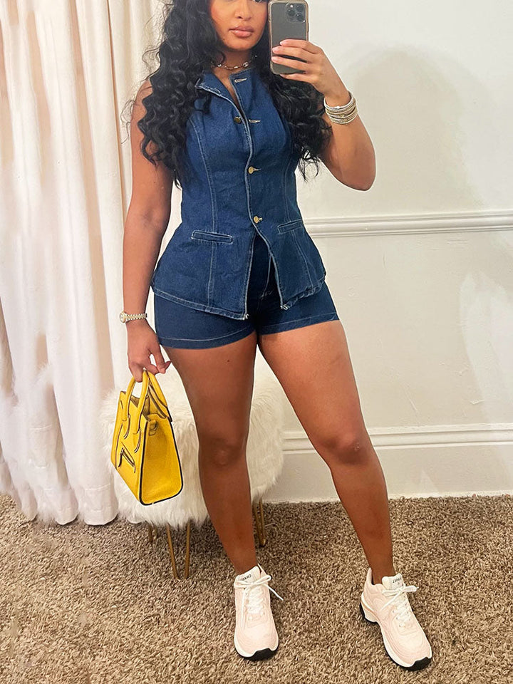 Denim Vest & Shorts Set Blue / S