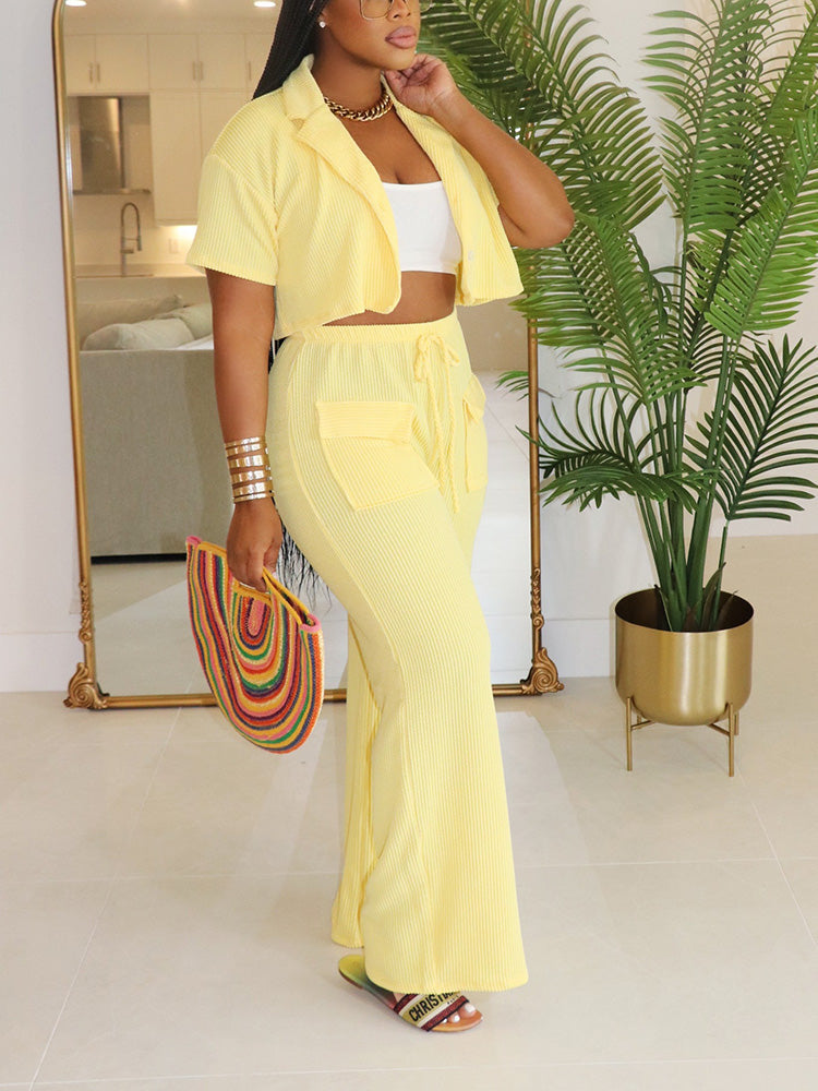 Ribbed Crop Top & Cargo Pants Set Yellow / L