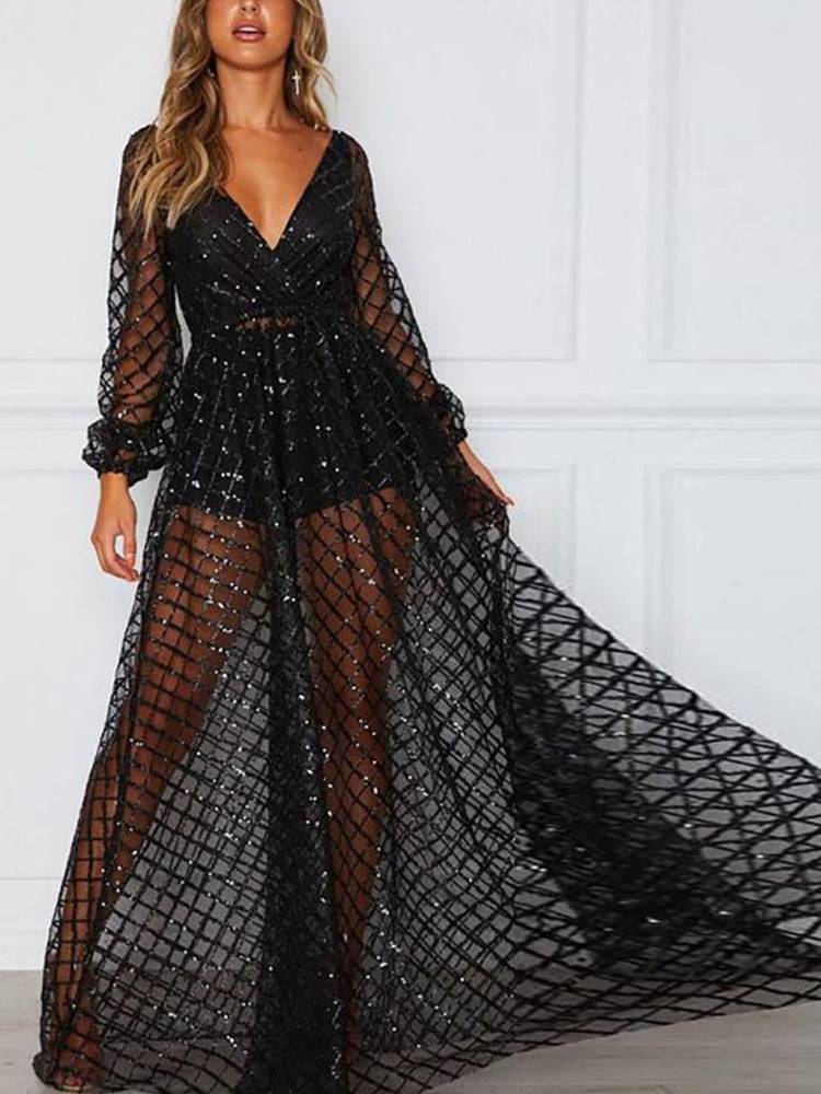 Sequin Mesh V Neck Maxi Dress Black / M