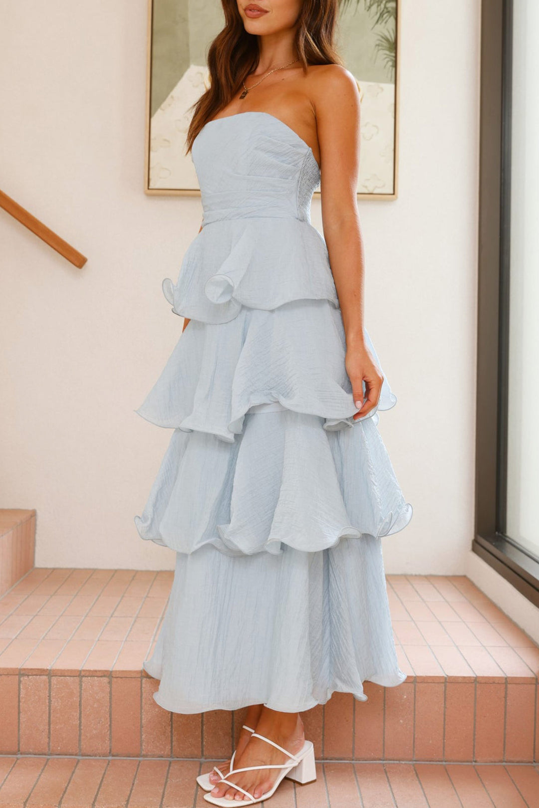 Strapless Sweet Chiffon Tiered Dress Blue · XL