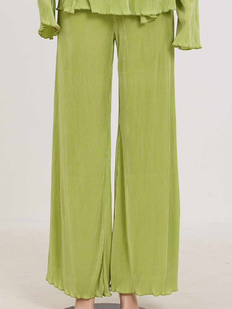 Belted Top Pleated Pants Set Green / 2XL