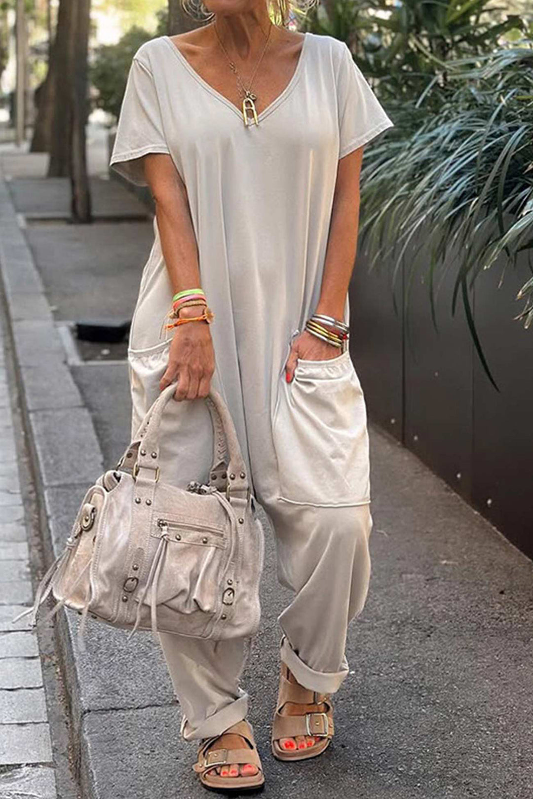 Short Sleeve V Neck Pocket Baggy Jumpsuit Pink · 5XL