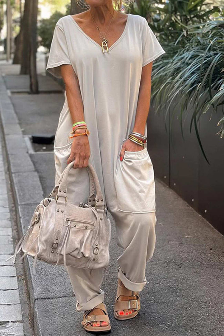 Short Sleeve V Neck Pocket Baggy Jumpsuit Pink · 5XL