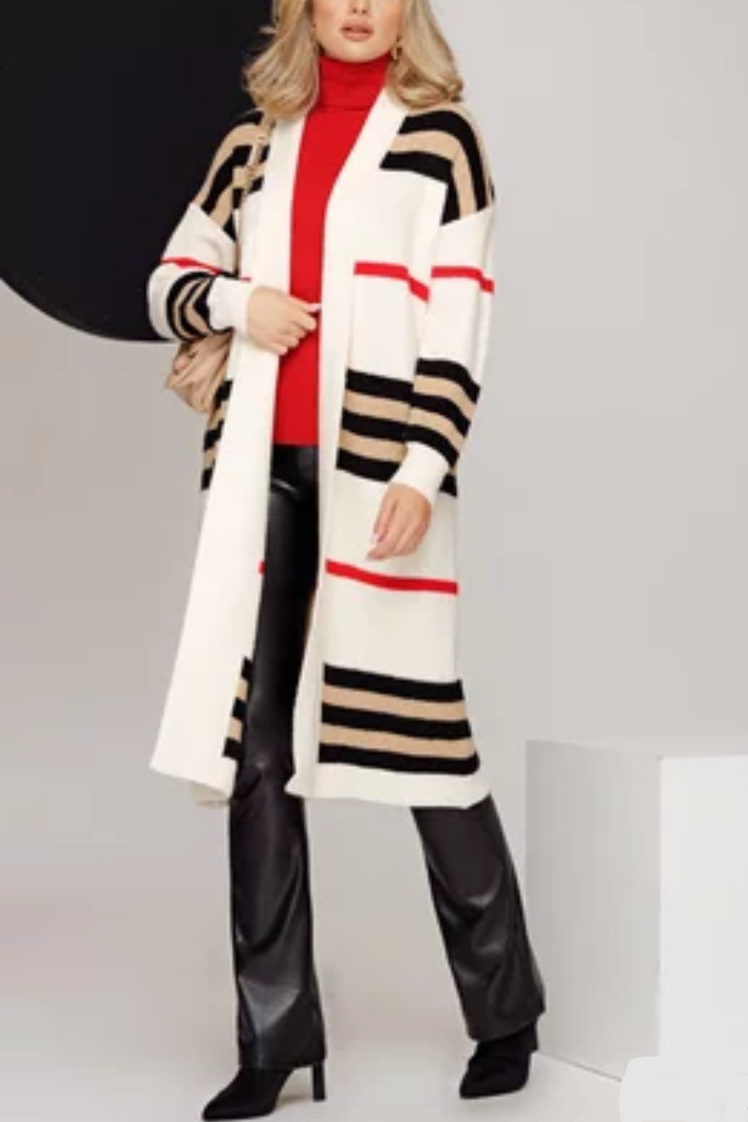 Contrast Striped Open Front Cardigan Beige · M