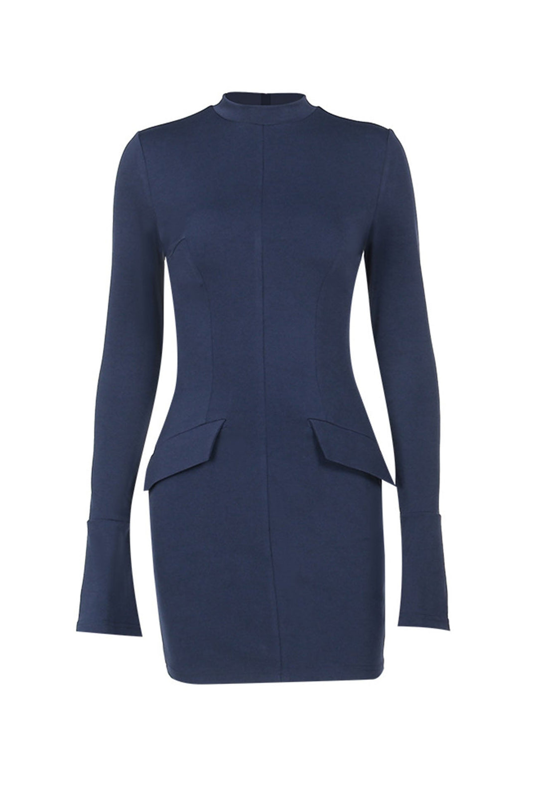 Solid Color Mock Neck Bell Sleeve Dress Black · M