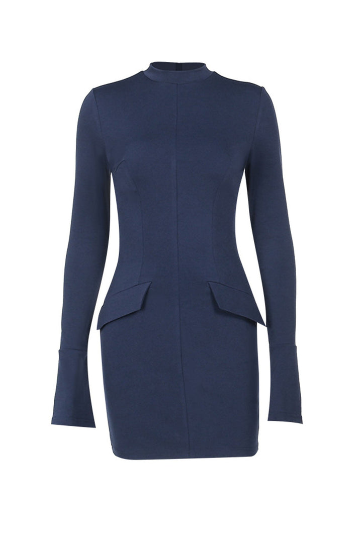 Solid Color Mock Neck Bell Sleeve Dress Black · M