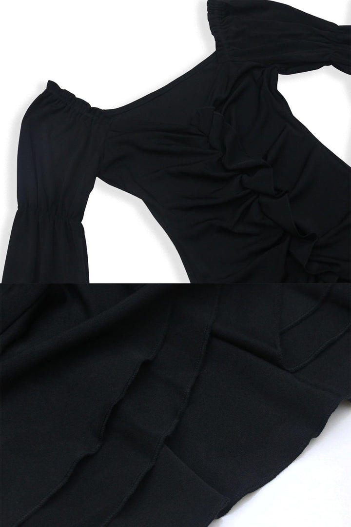 Pleated Balloon Sleeve Mini Dress Black · M