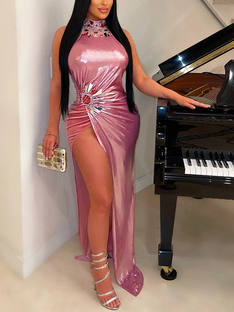 Metallic Split Party Dress Pink / M