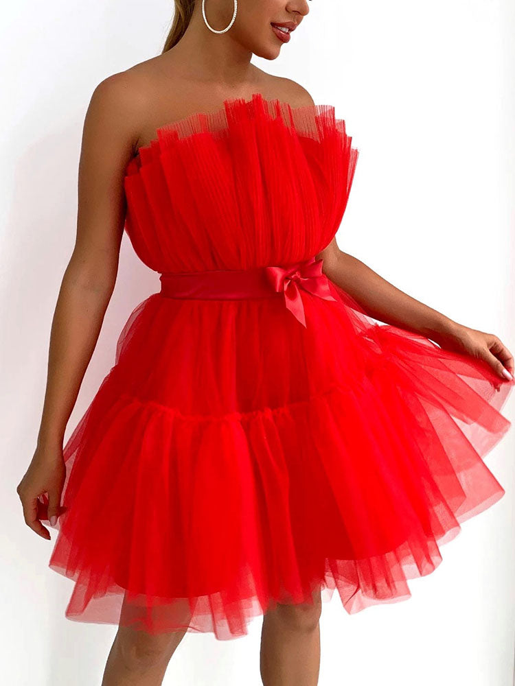 Bow Decor Layered Tulle Cocktail Dress Red / L