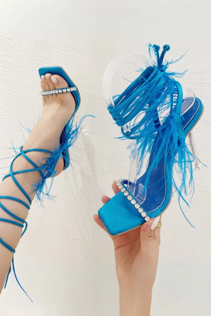 Rhinestone Feather Tie-up Square Toe Sandals