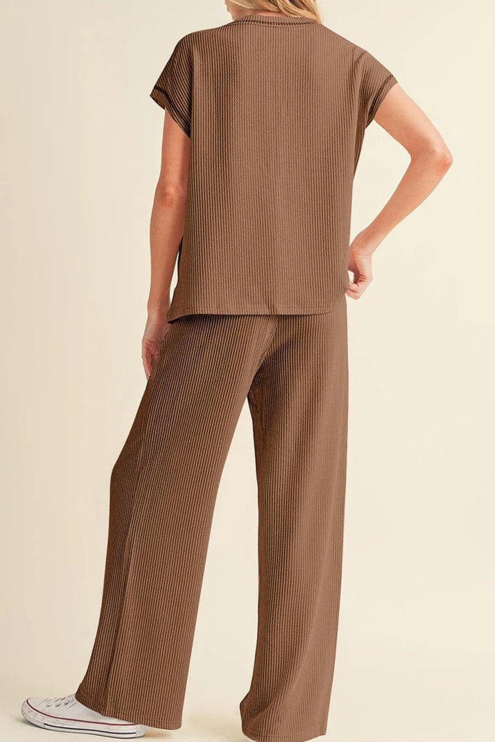 Ribbed T-shirt Wide Leg Long Pants Set