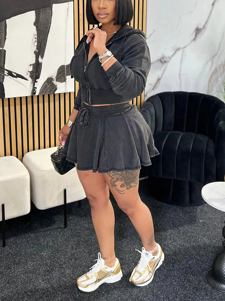 Washed Denim Cropped Jacket And Mini Skirt Set