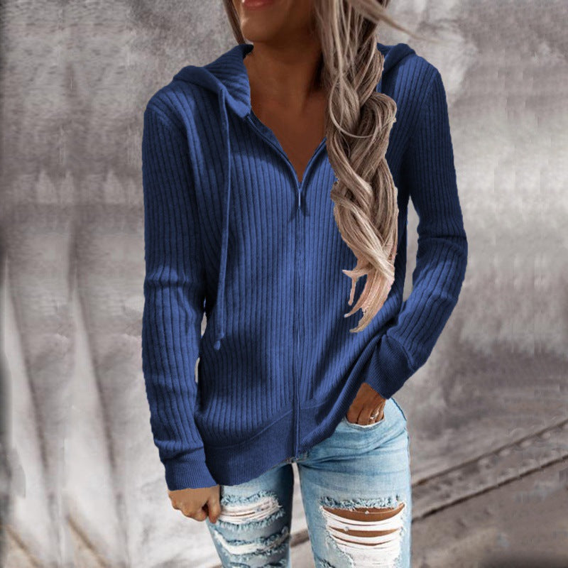 Loose Striped Casual Zipper Hooded Sweatshirt