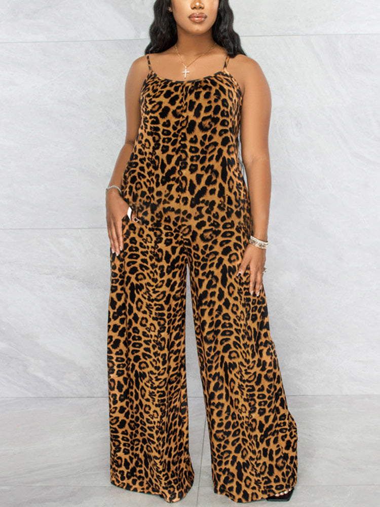 Leopard Spaghetti Strap Jumpsuit Khaki / XL