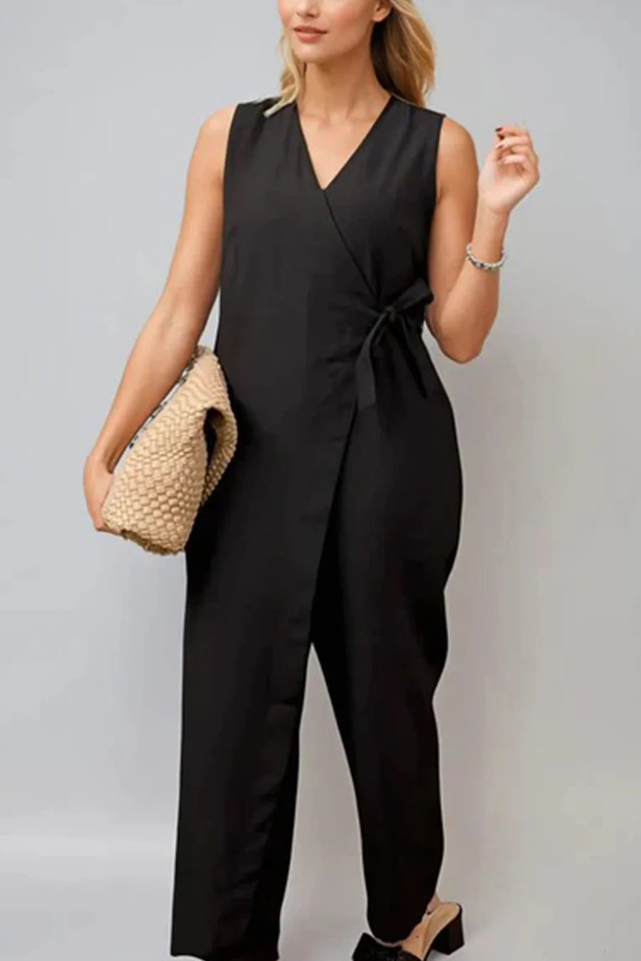 V Neck Zip-up Strappy Jumpsuit