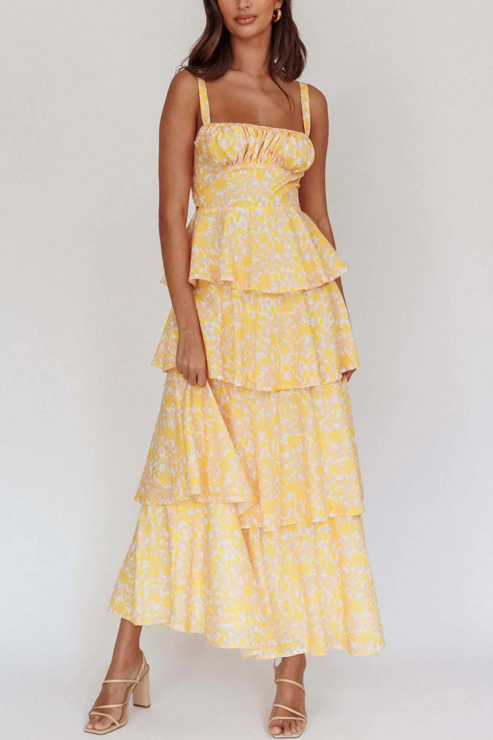 Floral Print Tie up Tiered Midi Dress