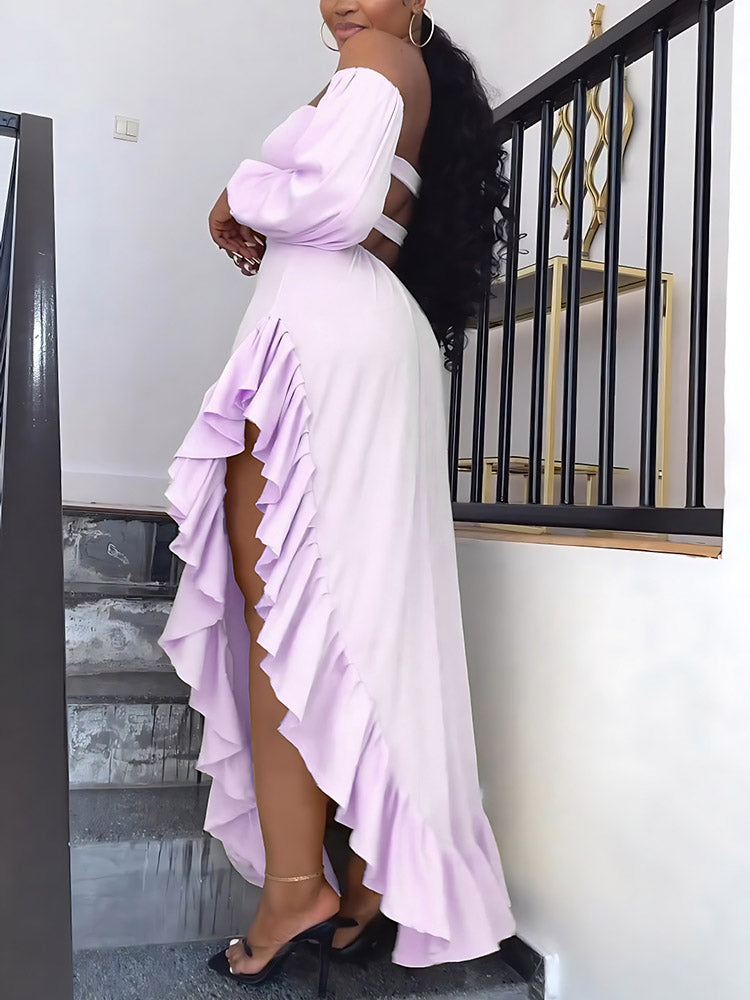 Asymmetrical Ruffle Slit Dress Purple / S