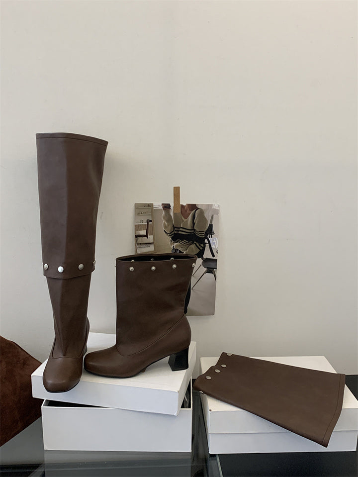 Riveted Detachable Round-Toe Long Boots
