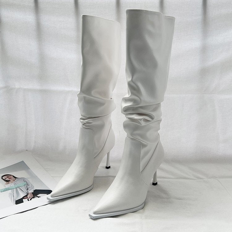 Pointed-Toe Pleated Knee-High Boots