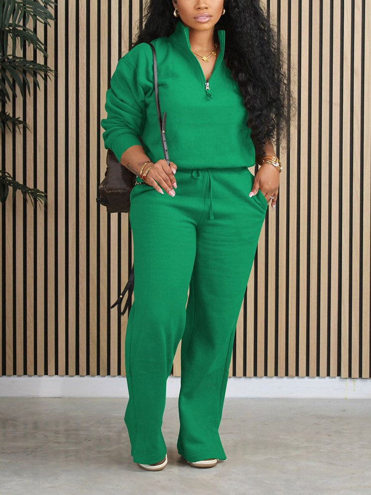 Fleece-Lined Zipper Sweatshirt Set Black / S