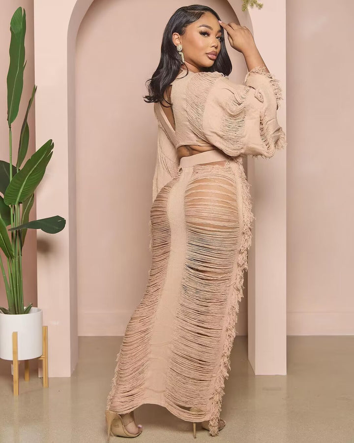 Casual Knit Tie-Front Long-Sleeve Dress Set