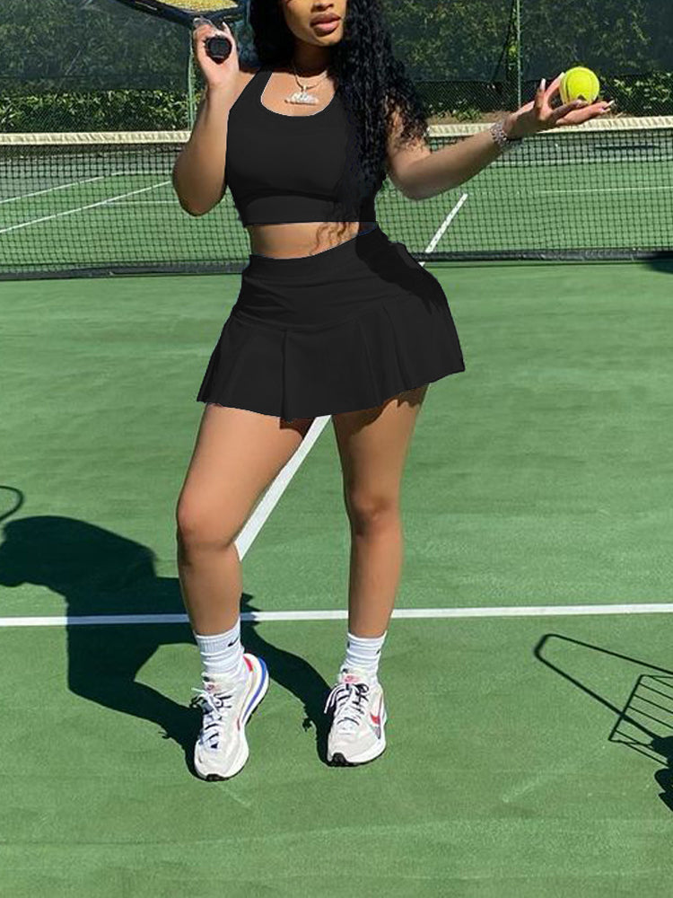 Sleeveless Top Pleated Skirt Set White / XL