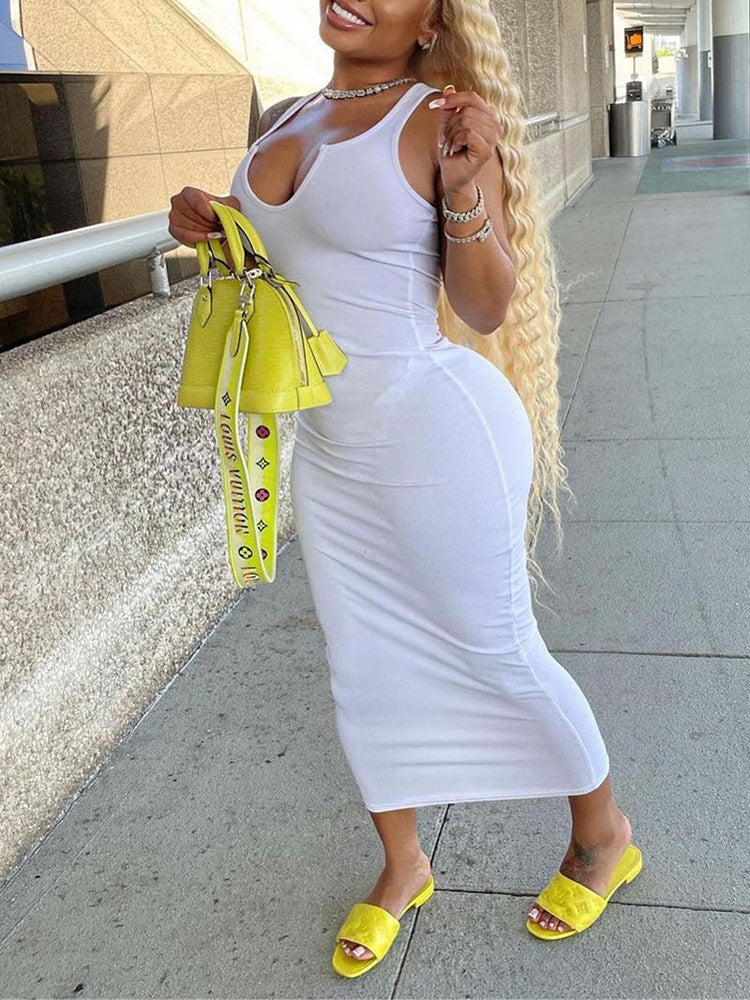 Scoop Neck Ribbed Maxi Dress White / L