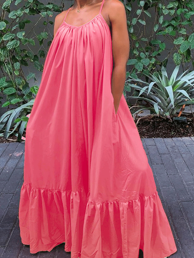 Spaghetti Strap Ruffle Maxi Dress Pink / XL