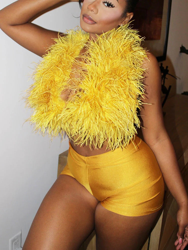 Feather-Trimmed Top & Satin Shorts Set