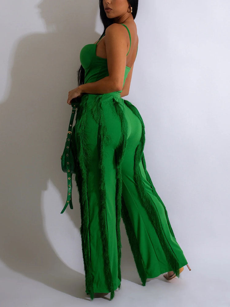 Spaghetti Strap Top Fringe Pants Set Green / M