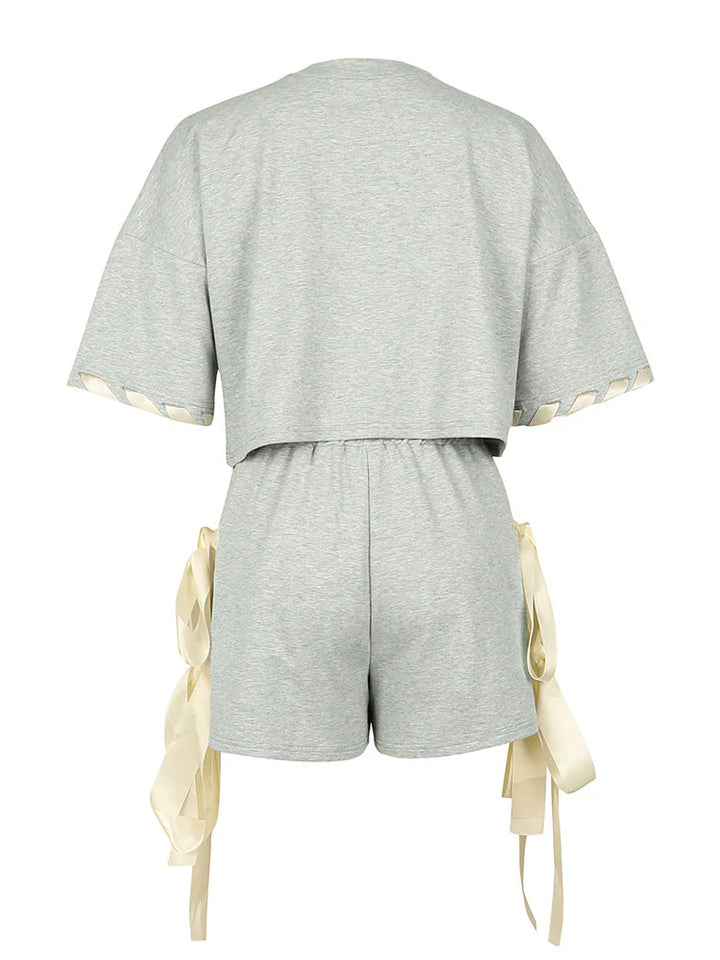 Contrast Crop Top & Bow Tie Shorts Set
