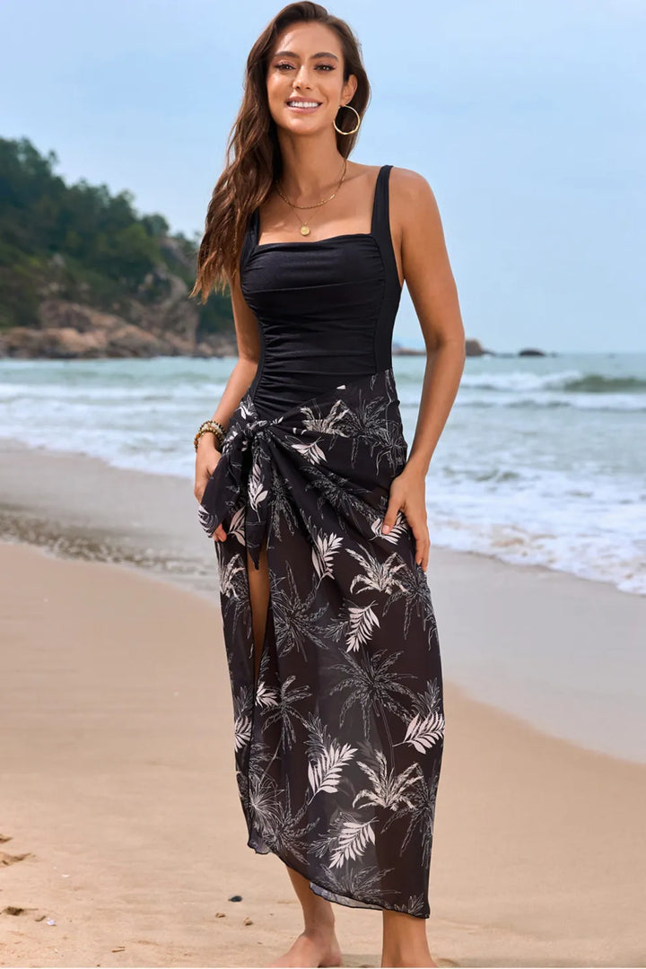 Floral One-Piece Swimsuit with Sarong