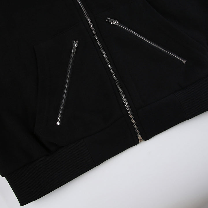 Zipper Split Print Plush Hoodie Black