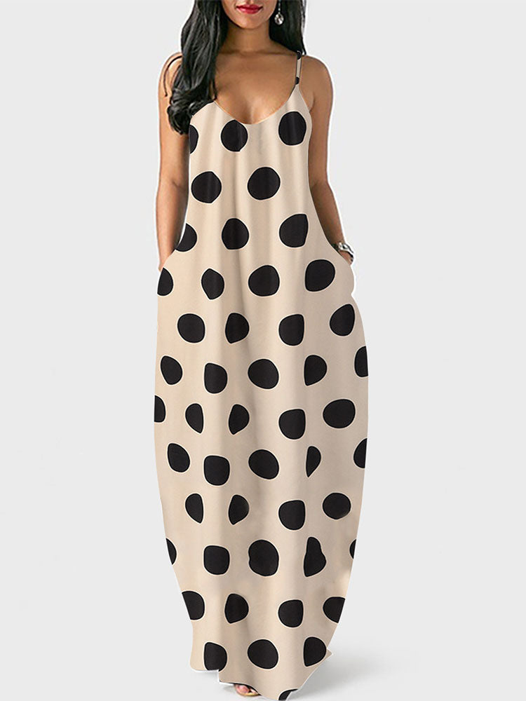 Polka Dot Print Spaghetti Strap Dress Apricot / S