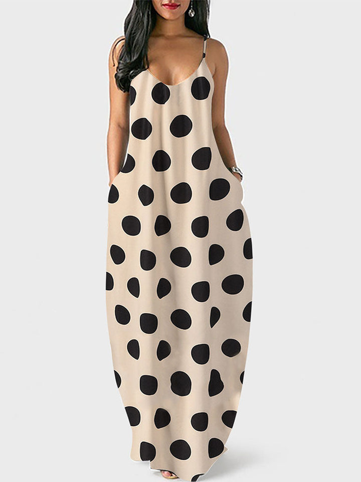 Polka Dot Print Spaghetti Strap Dress Apricot / S