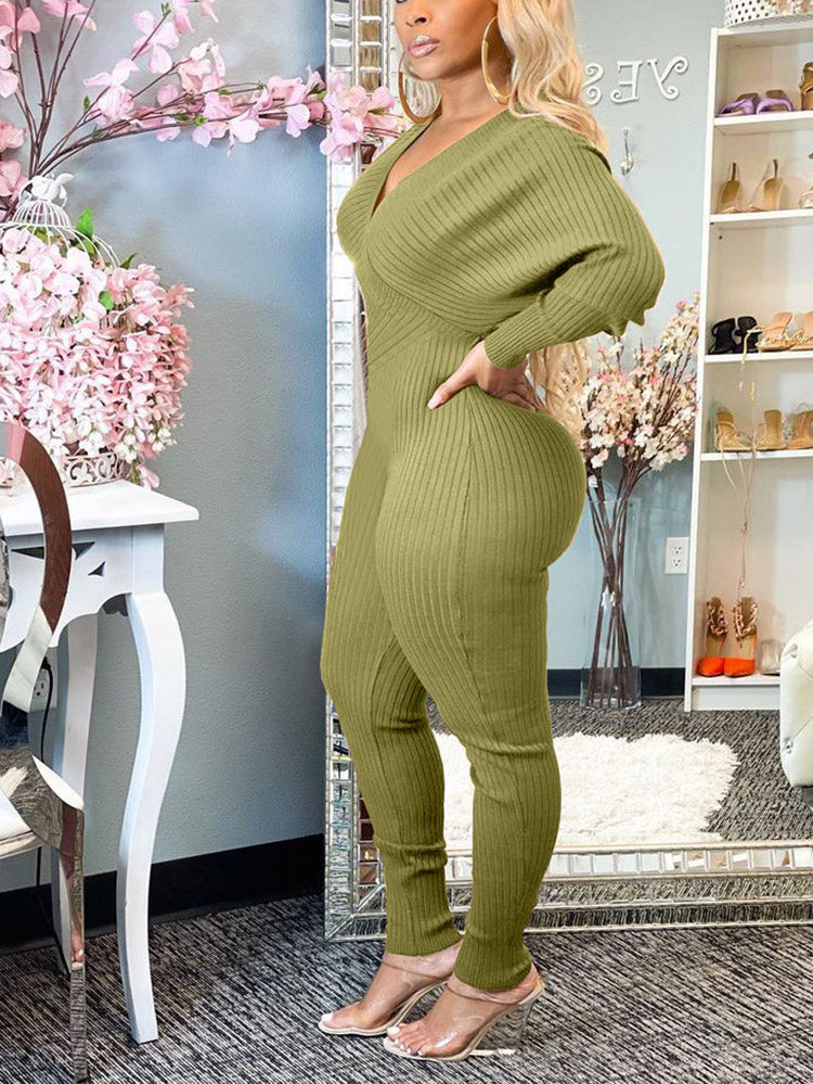 Off Shoulder Ribbed Jumpsuit Apricot / 2XL