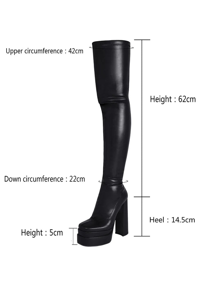PU Platform Heel Thigh High Boots