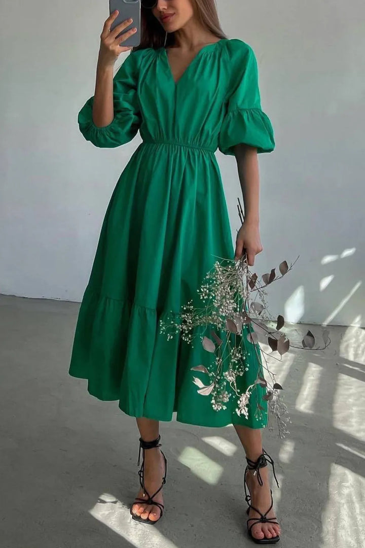 Half Sleeve V Neck High Waist Midi Dress