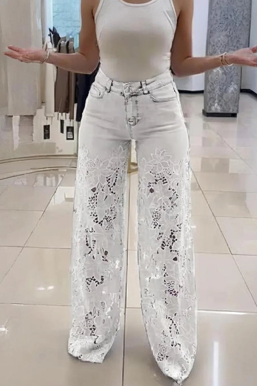 Lace Hollow Out High-rise Jeans
