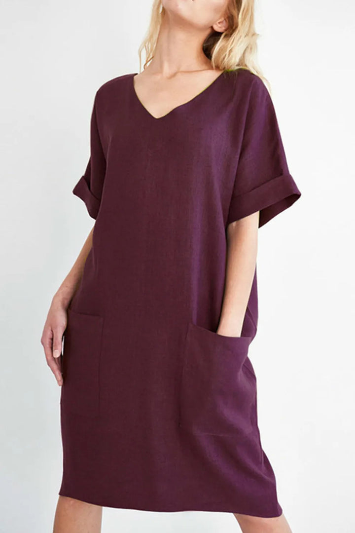 V Neck Short Sleeve Pocketed Cotton Dress