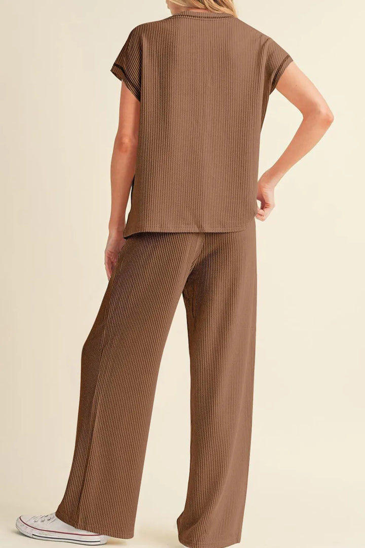 Ribbed T-shirt Wide Leg Long Pants Set